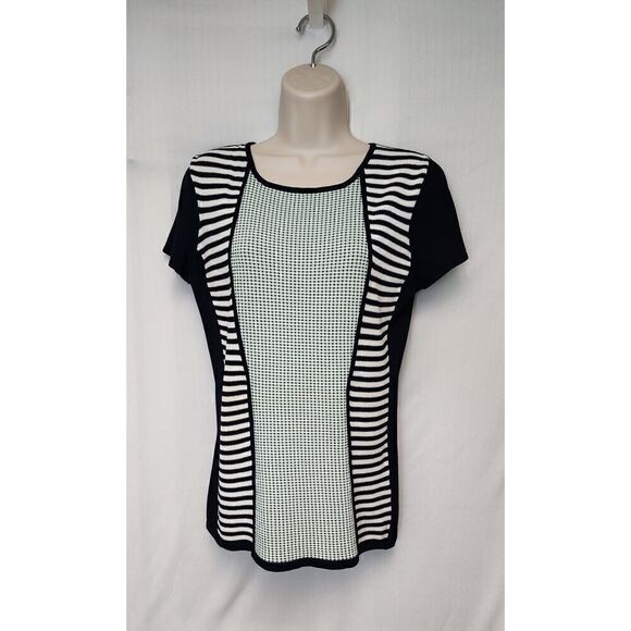 ANTONIO MELANI Navy Blue Round Neck Striped Blouse Cap Sleeve Size M - Picture 2 of 6